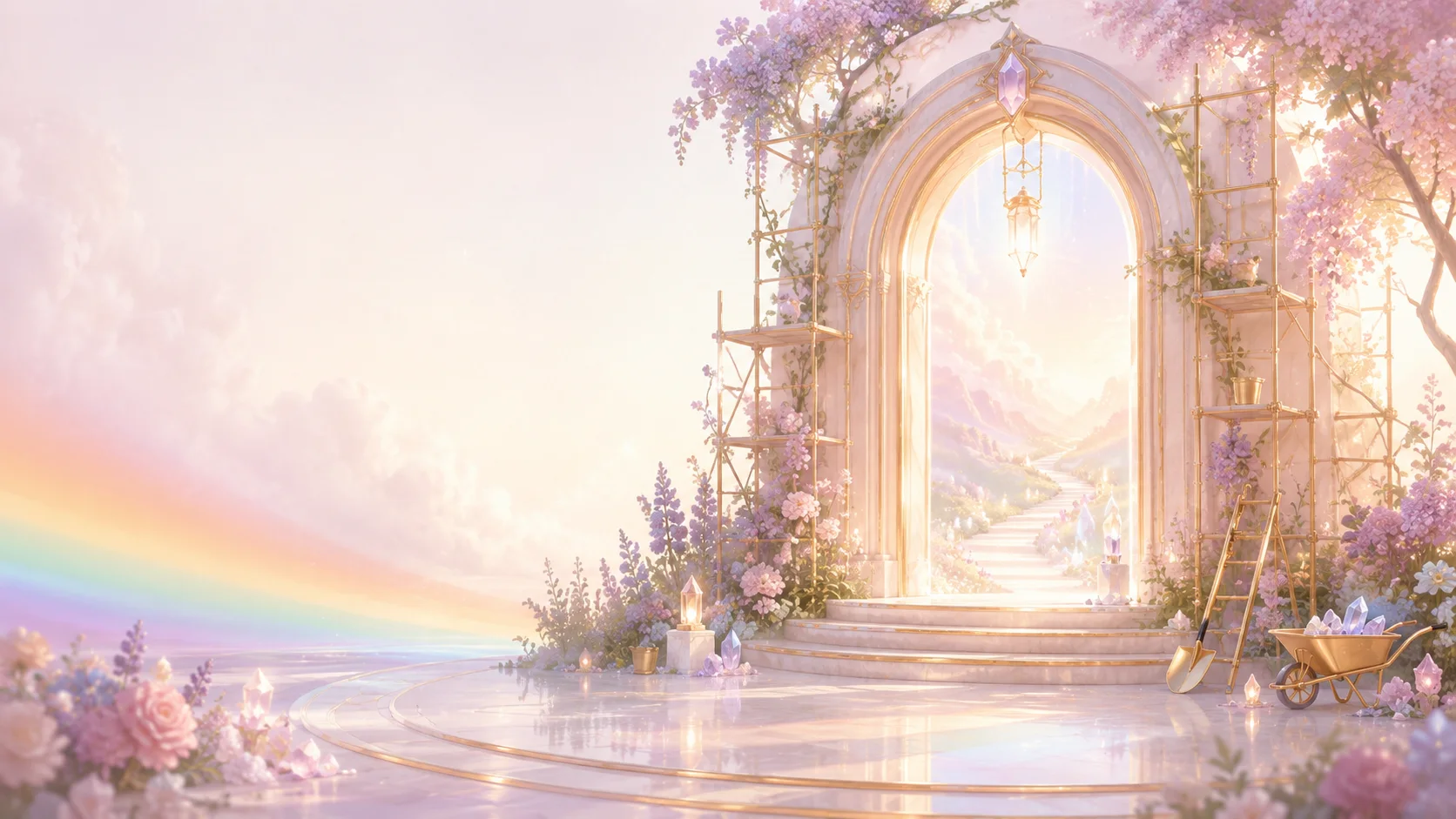 Portal luminoso em renovação, com flores, arco-íris e elementos dourados da identidade da Portaria do Arco-Íris